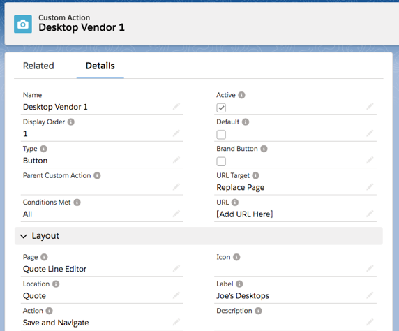 The detail page for a sample linking custom action