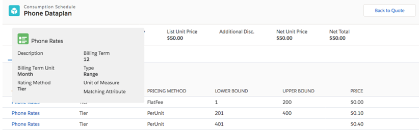 The consumption schedule Visualforce page with a rate detail box open