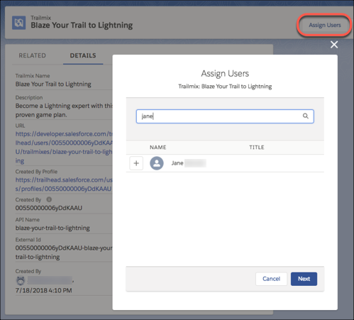 Assign Users screen in Trail Tracker, showing Assign Users button, search feature, and username to select