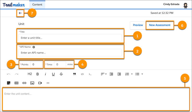 New unit page, showing Title, API Name, Time, and Points fields