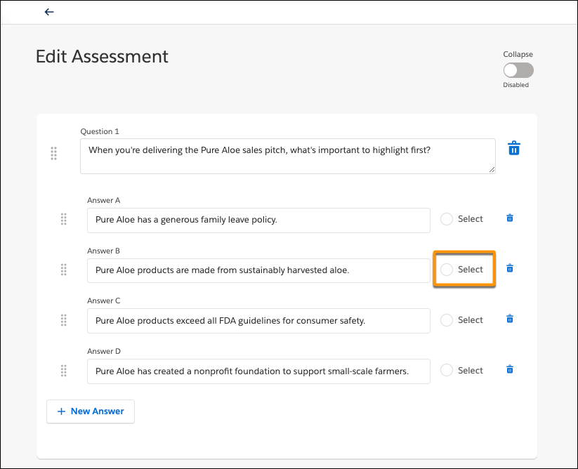 Quiz question and answers in Trailmaker Content, showing the Select button for the correct answer