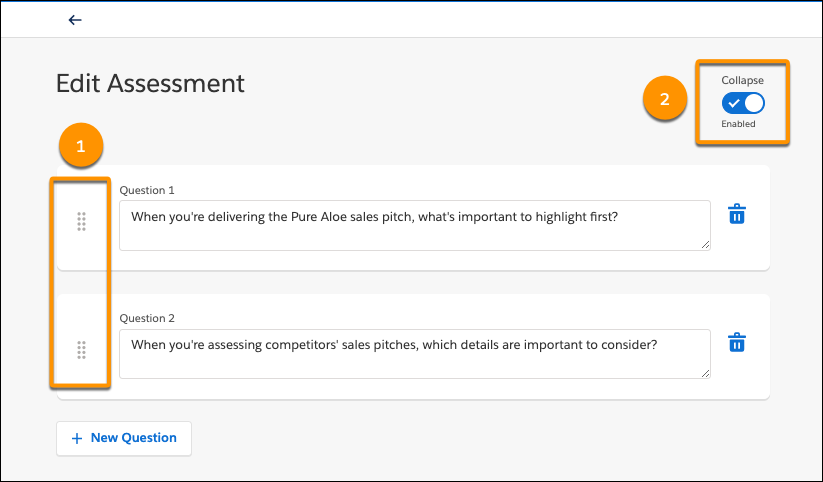 Quiz page in Trailmaker Content, showing grabber handles and Collapse switch