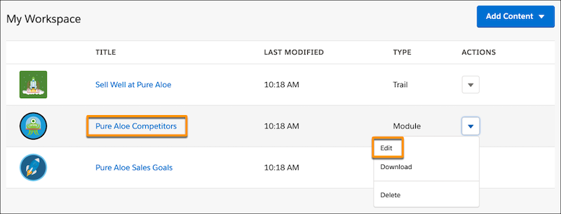Trailmaker Conent workspace, showing module titles and Actions menu
