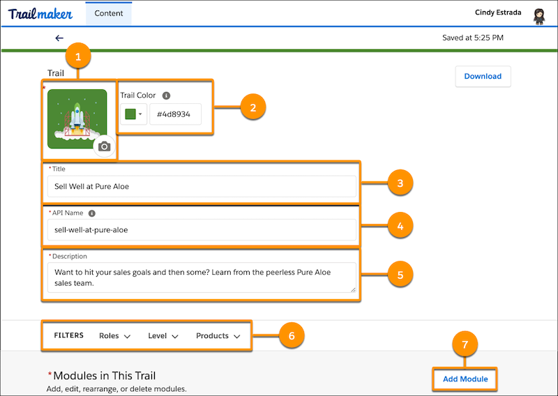 New trail page, showing the fields for trail art, title, API name, description, and filter picklists