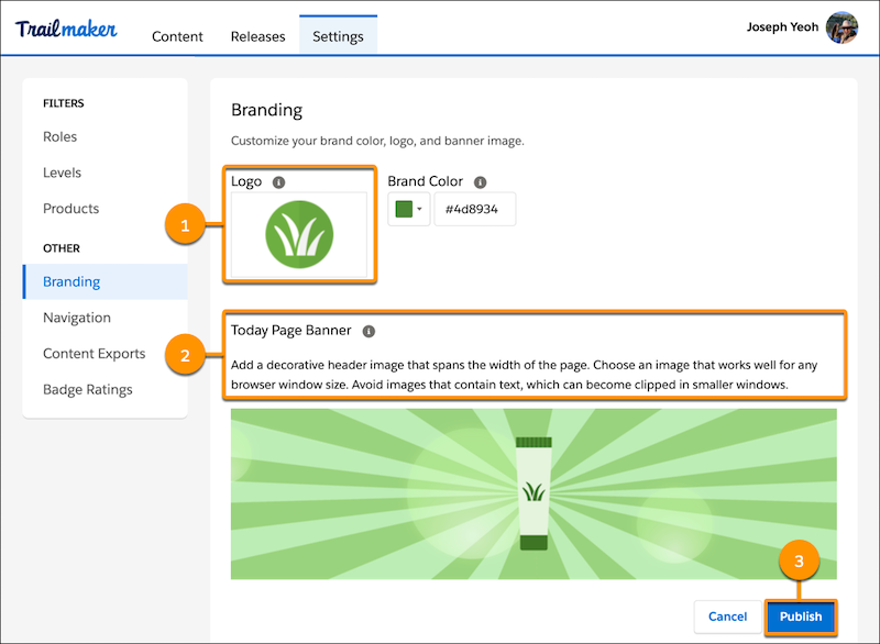 Branding page in Trailmaker Settings, highlighting the Logo and Today Page Banner fields