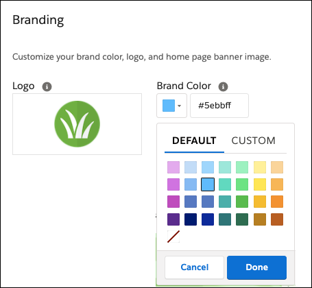 Color picker on the Branding page, showing the default color palette