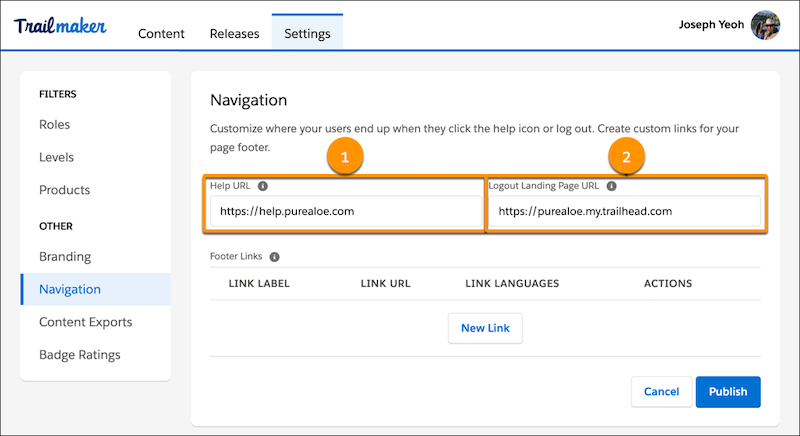 Navigation page in Trailmaker Settings, highlighting the Help URL and Logout Landing Page URL fields