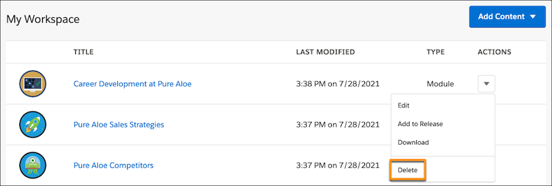 Trailmaker Content workspace, showing actions menu for a module