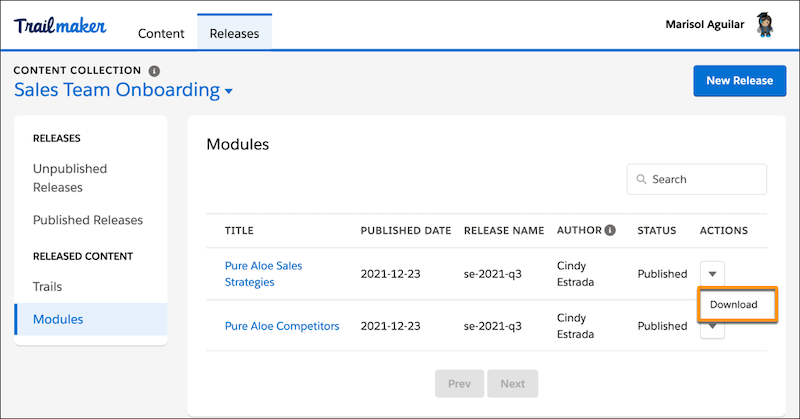 The released Modules list in Trailmaker Release, showing the option to download a module's backpack