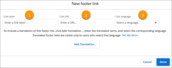 New footer link window, highlighting the Link Label, Link URL, and Link Language fields