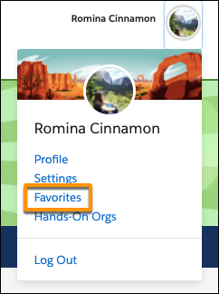 Avatar menu on Sales Enablement, showing the choice for favorites
