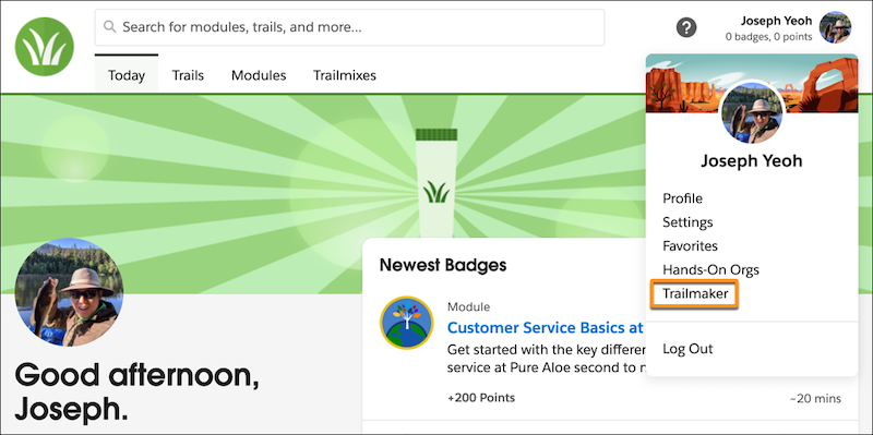 Trailmaker selected in the user menu