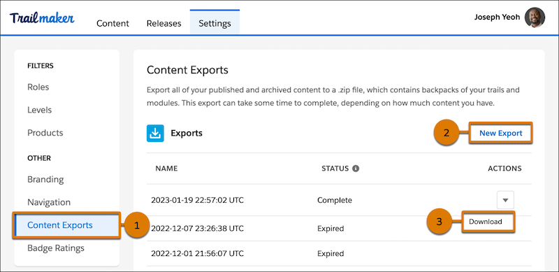 Content Exports tab in Trailmaker Settings, showing the options to export and download your enablement site's content