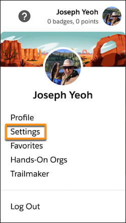 Sales Enablement avatar menu as it appears to users of Trailblazer.me, highlighting the Settings entry