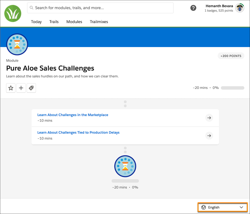 The language dropdown in the footer of any page on an enablement site