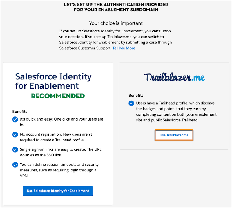 Selection page for the Sales Enablement authentication provider, showing the benefits of the two choices and highlighting the button Use Trailblazer.me