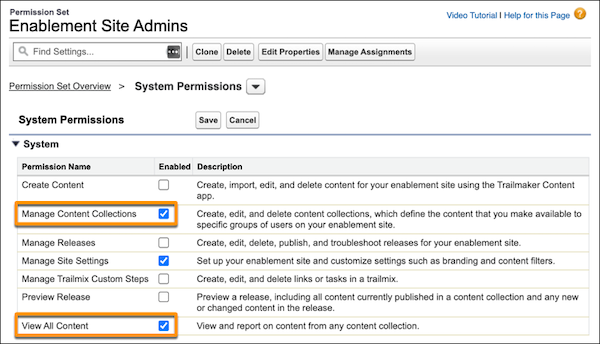 Enable the Manage Content Collections permission for the permission set.