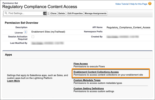 Enablement Content Collections Access settings on a permission set overview