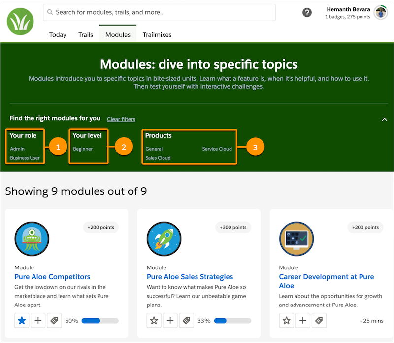 Modules summary page, showing filters for role, experience level, and product