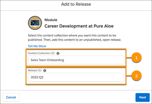 Add to a Release window in Trailmaker Content, showing selected namespace and release