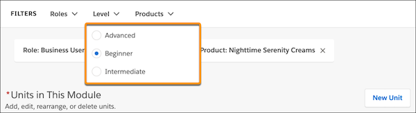 Levels picklist in Trailmaker Content, showing the available values