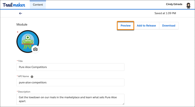 Module page in Trailmaker Content, showing the Preview button