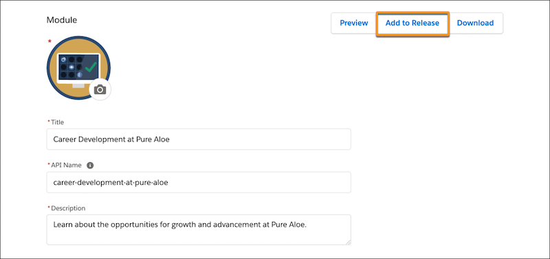 Module page in Trailmaker Content, showing Add to Release button