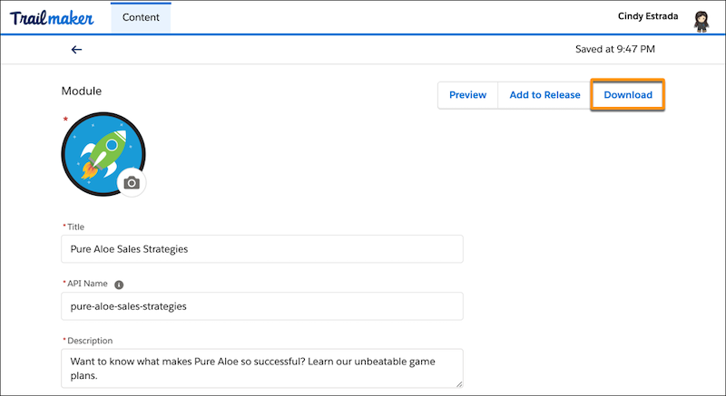 Module page in Trailmaker Content, showing Download button