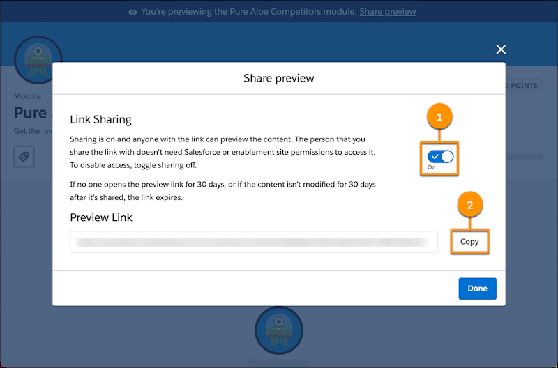 The Share Preview window, showing the options to toggle sharing and copy the preview link.