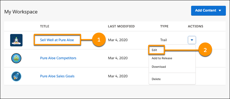 Trailmaker Content workspace, highlighting a trail title and Actions menu