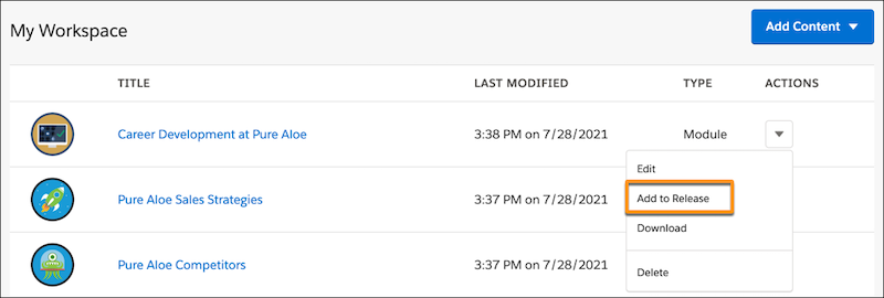 Actions menu for a module on the workspace in Trailmaker Content, showing Add to Release