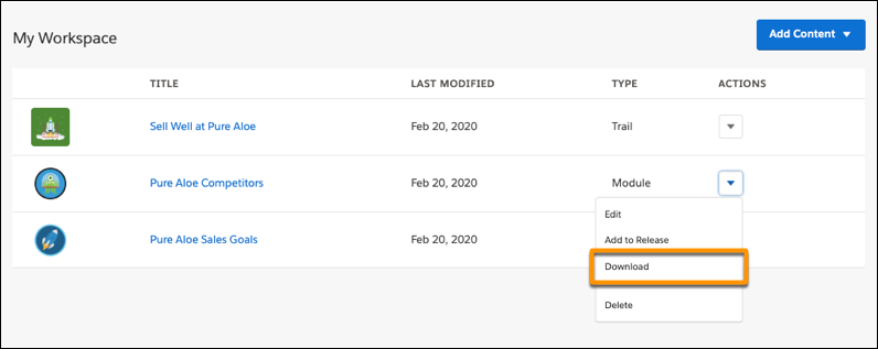 Actions menu for a module on the workspace in Trailmaker Content, showing Download
