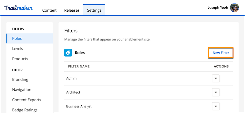 Filters page in Trailmaker Settings, showing the New Filter button