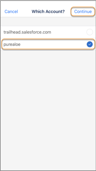 Org picker in the Trailhead GO mobile app, showing a selected myTrailhead subdomain name