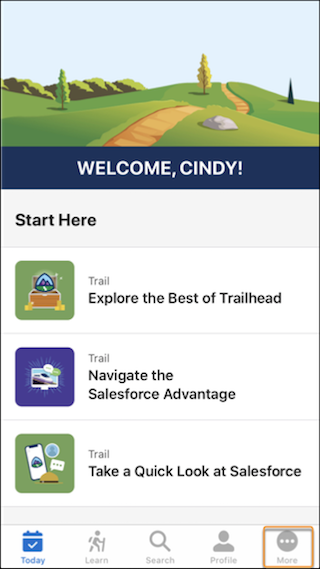 Home page in the Trailhead GO mobile app, showing the More button