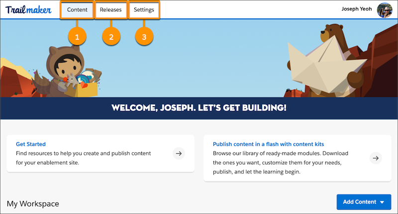 Tabs in Trailmaker for Trailmaker Content, Trailmaker Release, and Trailmaker Settings