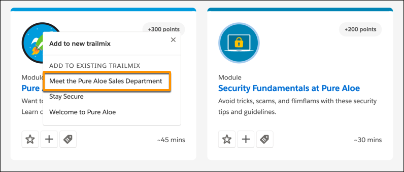 Content tiles on Sales Enablement showing add to trailmix window with list of available trailmixes