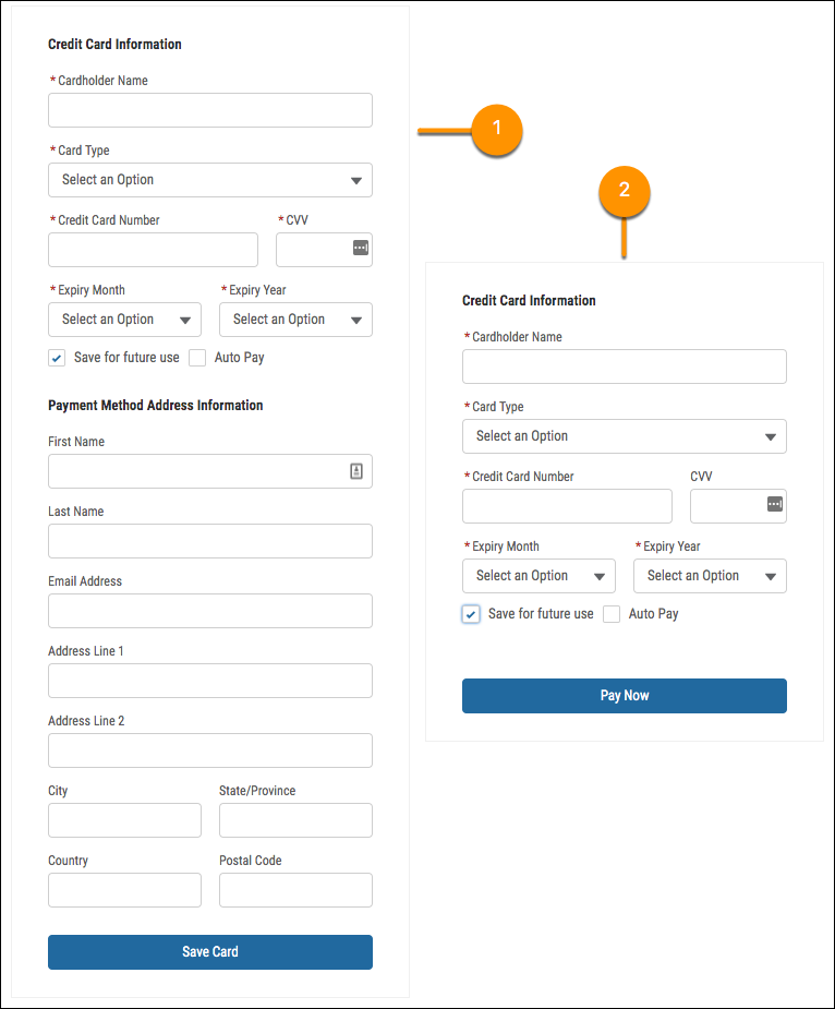 The Card Payment component configured to save credit card and billing address information for future use (1), or to receive payments with credit card information (2nd image)