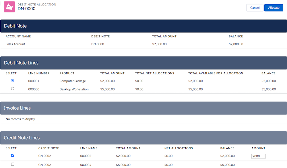 A debit note containing two debit note lines, one for $2000 and another for $5000. The user will allocate the $2000 debit note line to a $2000 credit note line, and allocate the second debit note line to the $5000 credit note line.