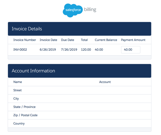 A sample Lightning Platform payments page.