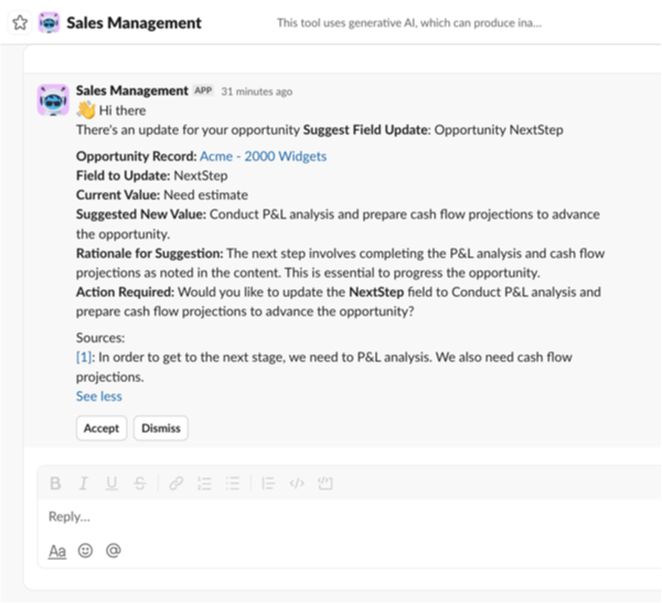 Slack で商談の [次のステップ] 項目を更新する営業管理エージェントの提案