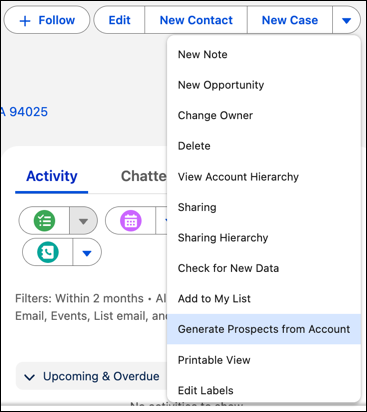 Salesforce アカウントページのドロップダウンメニュー