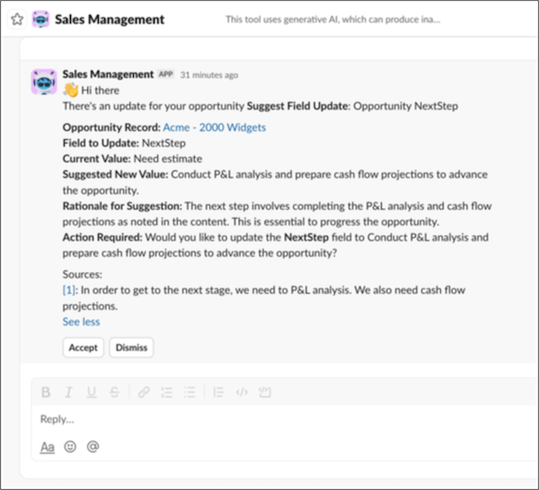 A suggestion from the agent to update the Next Step field of an opportunity, in Slack