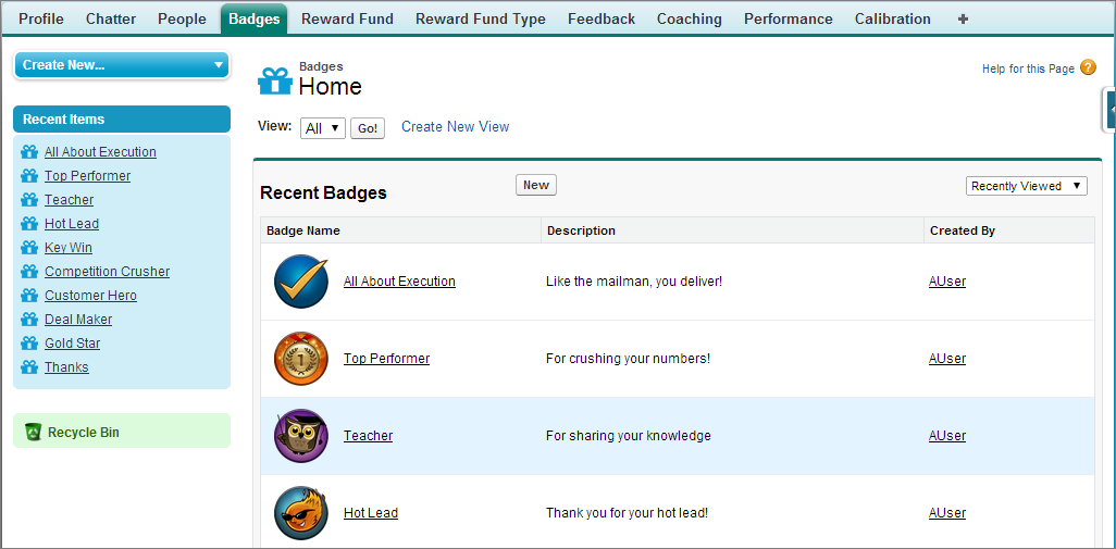 Badges, Registerkarte