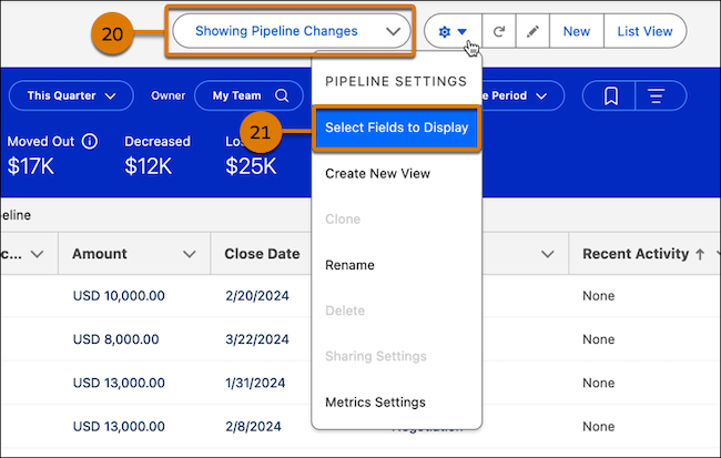 Pipeline view settings for creating new view and selecting summary metrics field
