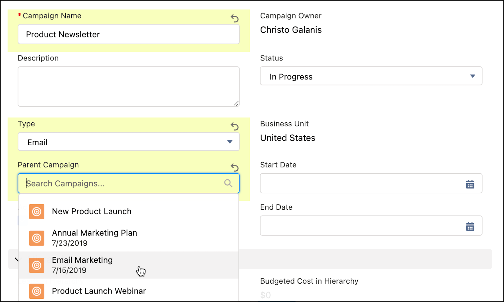 Campaign fields show Parent Campaign field dropdown with cursor over Email Marketing.