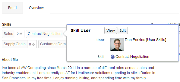 Skills on the profile page with a custom skill hover displayed