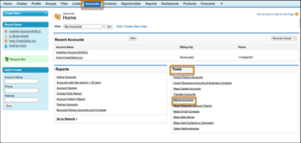 The Accounts tab, with the Tools section and the Merge Accounts action highlighted