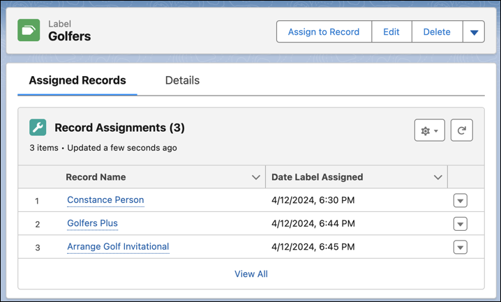 A label record showing the Record Assignments list.