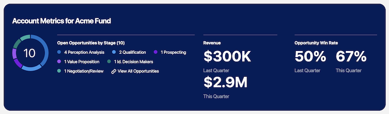The Account Plan KPIs dashboard, showing open opportunities for an account by stage, revenue, and opportunity win rate